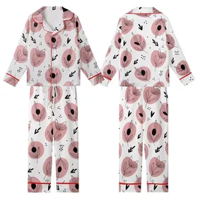 Women's Hand-Drawn Abstract Soft Pink Petal & Bold Black Botanical Outline Motif Kid Satin Pajamas Set
