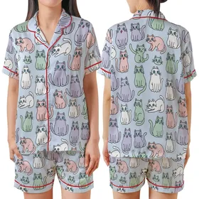 Cat Lover's Pastel Cartoon Cats: Winking Curious Kitten Print Design Satin Short-Sleeve Pajamas Set