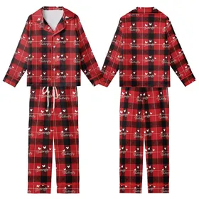 Butterfly Lover's Vibrant Red Black Scottish Tartan Plaid White Script Wearable Art Kid Satin Pajamas Set