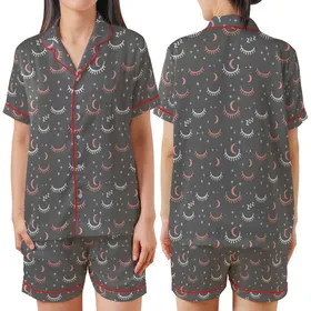 Dreamer's Everyday Essential: Charcoal Heather Sleeping Eye Moon Zzz Pattern Satin Short-Sleeve Pajamas Set