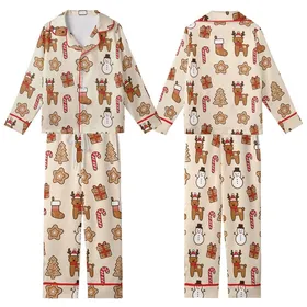 Christmas Enthusiast's Gingerbread Cookie Reindeer Tree Star Snowman Candy Cane Stocking Scatter Pattern Kid Satin Pajamas Set