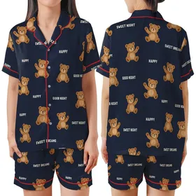 Sweet Dreams Lover: Playful Teddy Bear & Happy Text Pattern - Dark Navy Comfort Attire Satin Short-Sleeve Pajamas Set