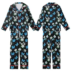 Nature Lover's Azure Indigo Butterfly White Blue Blossom Black Comfortwear Piece Kid Satin Pajamas Set