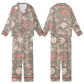Women's Elegant Botanical Rose Garden Design: Dusty Rose Peach & Greige Blooms Kid Satin Pajamas Set