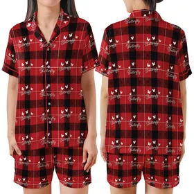 Butterfly Lover's Vibrant Red Black Scottish Tartan Plaid White Script Wearable Art Satin Short-Sleeve Pajamas Set