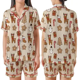 Christmas Enthusiast's Gingerbread Cookie Reindeer Tree Star Snowman Candy Cane Stocking Scatter Pattern Satin Short-Sleeve Pajamas Set
