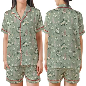 Whimsical Vintage Garden Rabbits: Ditsy Cream Wildflower Sage Pattern - Charming Decor Element Satin Short-Sleeve Pajamas Set