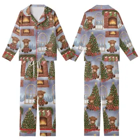 Highland Cow Christmas: Whimsical Fluffy Cow Pajamas, Tree & Fireplace Scene Kid Satin Pajamas Set