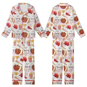 Baseball Fan Hand-Painted Watercolor Game Day Pattern: Gloves, Bats, Helmets, Trophies, Popcorn & Hotdogs Design Satin Short-Sleeve Pajamas Set