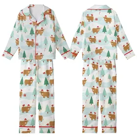 Cozy Holiday Loungewear: Whimsical Highland Cow Winter Wonderland, Snowy Hills & Santa Hats Kid Satin Pajamas Set