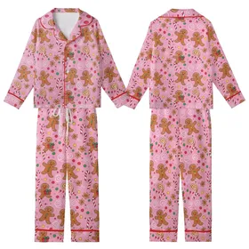 Whimsical Gingerbread Fun: Cheerful Characters, Candy Canes, Pink Gumdrop Swirls - Festive Item Kid Satin Pajamas Set