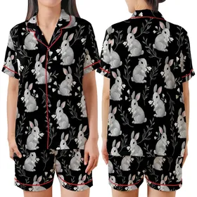 Rabbit Enthusiast's Hyperrealistic Fluffy Grey Bunnies White Flowers Black Foliage Design Satin Short-Sleeve Pajamas Set