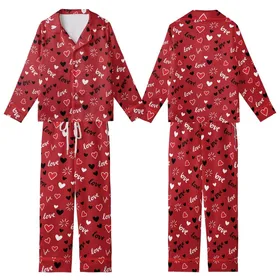 Affectionate Style: Vibrant Red Handwritten Love Hearts & Radiating Lines Statement Wear Kid Satin Pajamas Set