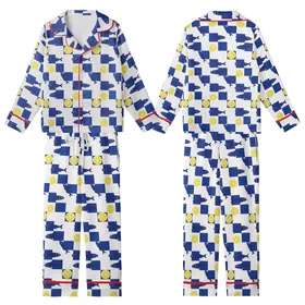 Vibrant Coastal Design: Royal Blue White Checkerboard Sardine Lemon Flat Graphic Wearable Kid Satin Pajamas Set