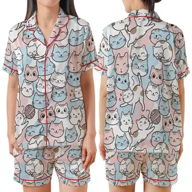 Cat Lovers : Hand-Drawn Kitten Expressions & Playful Poses - Pastel Feline Motif Satin Short-Sleeve Pajamas Set