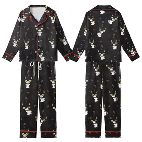 Cat Lover's Grumpy Shaggy Black Cat Coffee Mug Repeating Pattern – Humorous Wearable Art Kid Satin Pajamas Set