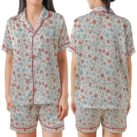 Delicate Floral Dream: Muted Terracotta Blue Pink Blossom & Vine Motif on Silver-Grey - Wearable Fabric Satin Short-Sleeve Pajamas Set