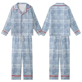 Celestial Dreamer's Stylized Closed Eye & Crescent Moon Design: Muted Dusty Blue Tartan Plaid Kid Satin Pajamas Set