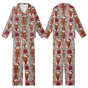Fluffy Highland Calves: Red Santa Hats, Kraft Gift Boxes, Falling Snowflakes, Golden Bokeh Lights Kid Satin Pajamas Set
