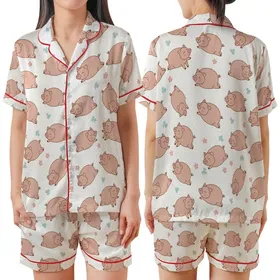 Charming Pig Lover's: Desaturated Pink Piglets, Mint Clover & Pastel Dot Wearable Design Satin Short-Sleeve Pajamas Set