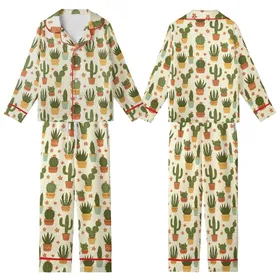 Nature Lover's Stylized Potted Cacti & Succulent Motif with Muted Orange Flowers Kid Satin Pajamas Set
