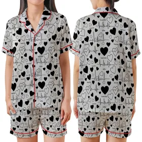 Aspirational Solid Black Hearts Free-Flowing ECG 'Become Better' Pattern Gray Satin Short-Sleeve Pajamas Set