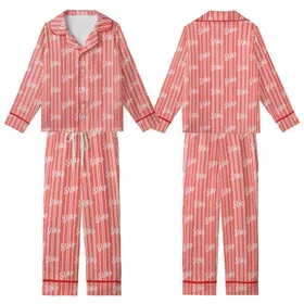 Cozy Dreamer's Whimsical Sleep Script Coral Pink Striped Pattern with Eyelash E Kid Satin Pajamas Set
