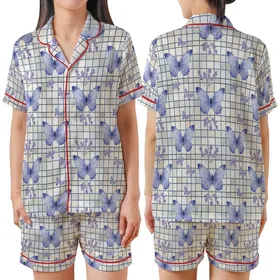 Elegant Periwinkle Lavender Butterfly & Soft Floral Muted Grid Pattern Satin Short-Sleeve Pajamas Set