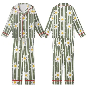 Nature Lover's Muted Olive Green Vertical Stripe Daisy Heart Kid Satin Pajamas Set