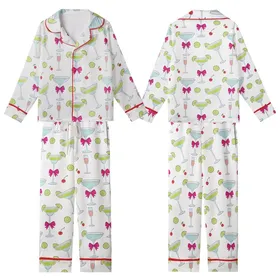Cocktail Lover's Whimsical Martini Margarita Fuchsia Pink Lime Green Glasses Wearable Art Kid Satin Pajamas Set