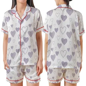 Gentle Soul Muted Lavender Striped Hand-Drawn Heart Comfort Wear Satin Short-Sleeve Pajamas Set