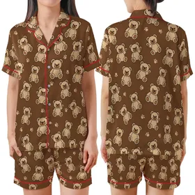 Teddy Bear Lover Cozy Loungewear: Adorable Chocolate Bear & Paw Print Design Satin Short-Sleeve Pajamas Set