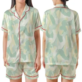 Fluid Watercolor Brushstroke: Cream Mint Yellow Soft-Edged Shapes - Abstract Art Satin Short-Sleeve Pajamas Set