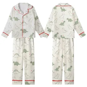 Playful Dino Fan: Hand-Drawn Sage Green Doodle Dinosaurs Satin Pajamas Set