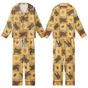 Playful Bear Enthusiast Cartoon Bears, Honey Jars, Autumn Leaves Golden Sepia Checkerboard Pattern Kid Satin Pajamas Set