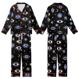 Mystical Evil Eye & Celestial Night: Deep Black, Royal Blue, Gold Moons & Stars Theme Kid Satin Pajamas Set
