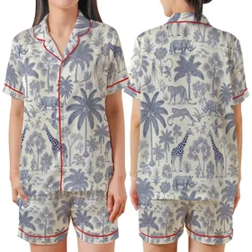Safari Lover's Indigo Toile Safari: Lounging Leopards, Giraffes & Monkey Palm Jungle Satin Short-Sleeve Pajamas Set