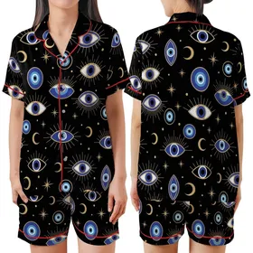 Mystical Evil Eye & Celestial Night: Deep Black, Royal Blue, Gold Moons & Stars Theme Satin Short-Sleeve Pajamas Set