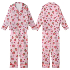 Red Strawberry, Pink Ribbon Bow & Fuchsia Heart Baby Pink Sleep Set Satin Short-Sleeve Pajamas Set