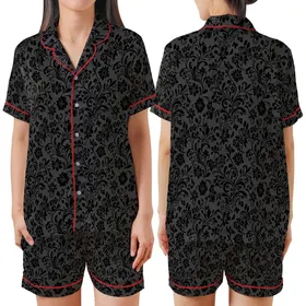 Nature-Inspired Black Silhouette Organic Pattern: Dark Charcoal Floral Foliage Design Satin Short-Sleeve Pajamas Set