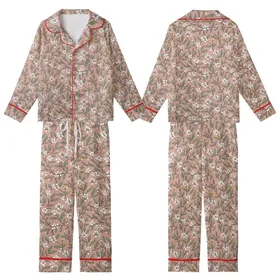 Botanical Enthusiast's Vintage Olive Leaf, Cream Flower & Berry Motif on Dusty Rose Kid Satin Pajamas Set