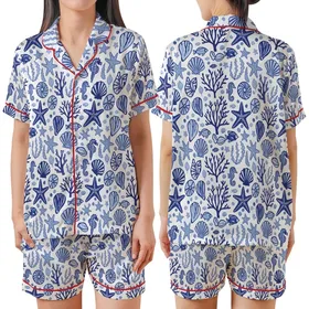 Oceanic Explorer's Hand-Drawn Indigo Blue & Sky Blue Seashell, Starfish, Coral Seaweed Pattern Wearable Satin Short-Sleeve Pajamas Set