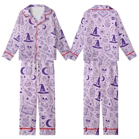 Fantasy Seeker Garment: Purple Occult Magic Pattern with Witch Hats, Crystal Balls & Skulls Kid Satin Pajamas Set