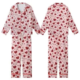 Sweetheart's Soft Pink Whimsical Scattered Maroon & Black Outlined Hearts Wearable Kid Satin Pajamas Set