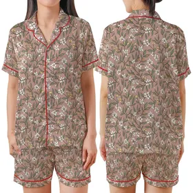 Botanical Enthusiast's Vintage Olive Leaf, Cream Flower & Berry Motif on Dusty Rose Satin Short-Sleeve Pajamas Set