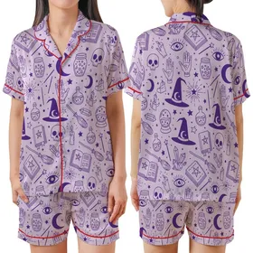 Fantasy Seeker Garment: Purple Occult Magic Pattern with Witch Hats, Crystal Balls & Skulls Satin Short-Sleeve Pajamas Set