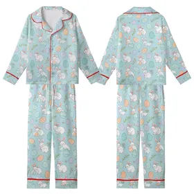 Vintage Children's Book Bunny & Pastel Easter Egg Motif - Sky Blue Kid Satin Pajamas Set