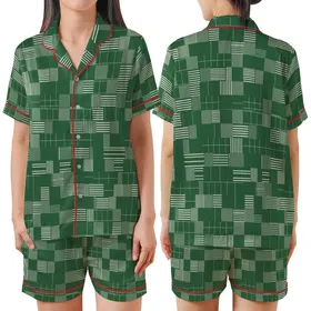Modern Classic Style Deep Forest Green Geometric Tessellation Garment: White Stripes, Windowpane Grid Satin Short-Sleeve Pajamas Set