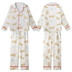 Whimsical Sleepy Cats with Pastel Blue Pink Flowers Creamy White Kid Satin Pajamas Set