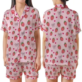 Red Strawberry, Pink Ribbon Bow & Fuchsia Heart Baby Pink Sleep Set Satin Short-Sleeve Pajamas Set